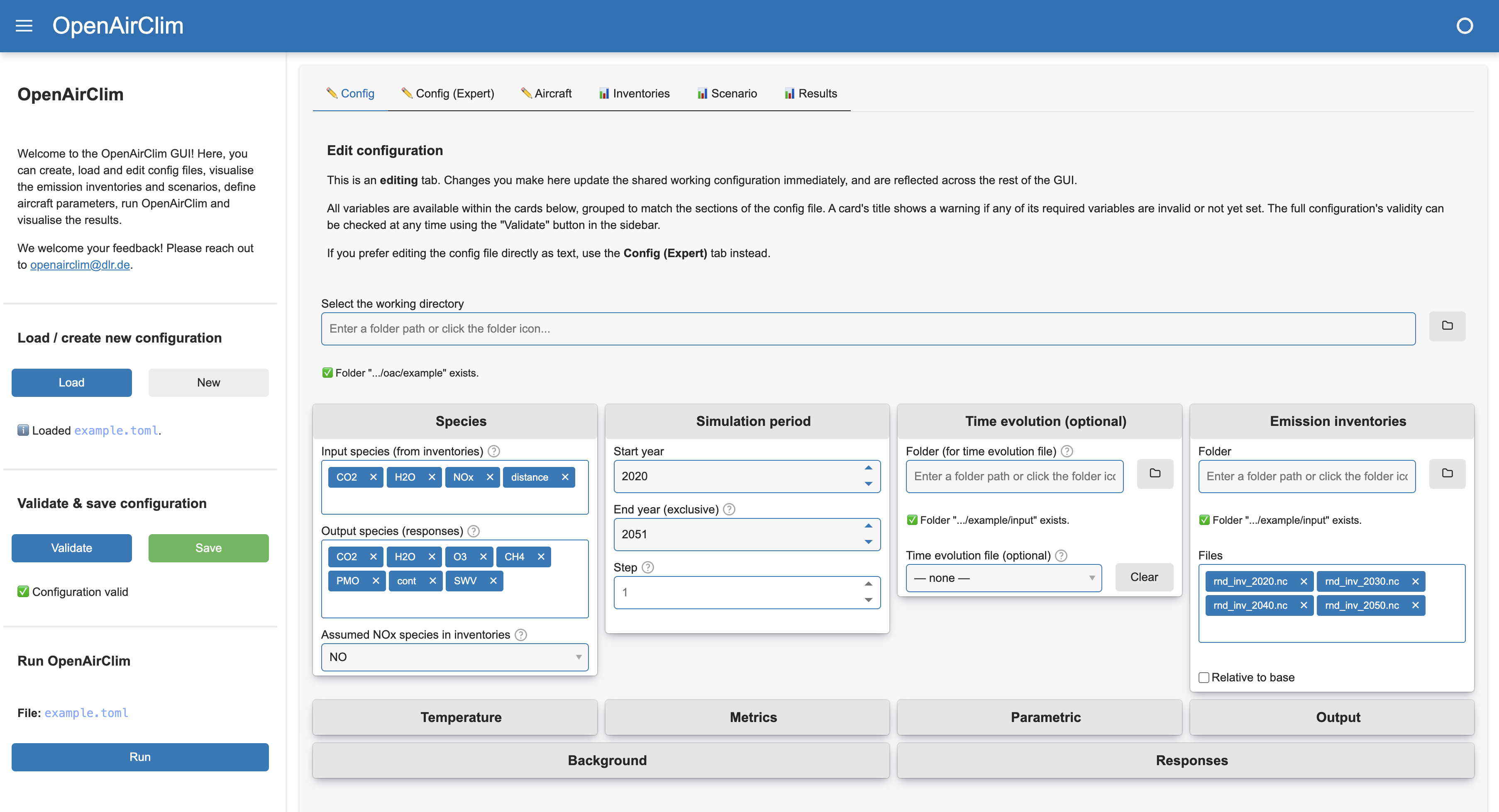 Screenshot of the OpenAirClim GUI